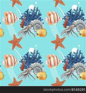 Pattern with sea life concept design watercolor vector illustration 
