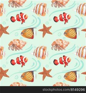 Pattern with sea life concept design watercolor vector illustration 
