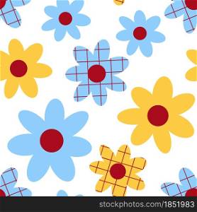 Pattern with simple blue and yellow flowers vector illustration. Seamless floral summer background. Bright baby flowers template for wallpaper, packaging, fabrics.. Pattern with simple blue and yellow flowers vector illustration.