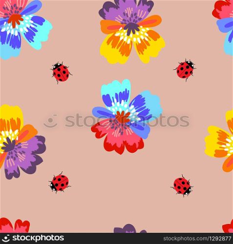 Pattern with spring flowers of violets, as well as with botany insects. Seamless pattern for Wallpaper, web page background fill pattern, surface texture. Vector illustration