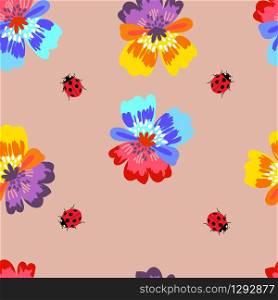 Pattern with spring flowers of violets, as well as with botany insects. Seamless pattern for Wallpaper, web page background fill pattern, surface texture. Vector illustration