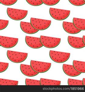 Pattern with watermelons, vector illustration. Halves of watermelon on a white background, seamless pattern. Bright juicy summer background with berries. Template for packaging, fabric and wallpaper.. Pattern with watermelons, vector illustration.