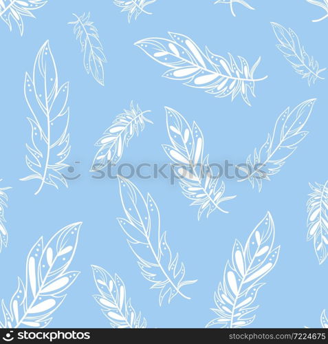 Pattern with white feathers on a gentle blue background. Seamless pattern with soaring bird feathers. Delicate template for wallpaper, fabric, packaging and design.. Pattern with white feathers on a gentle blue background.