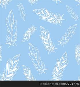 Pattern with white feathers on a gentle blue background. Seamless pattern with soaring bird feathers. Delicate template for wallpaper, fabric, packaging and design.. Pattern with white feathers on a gentle blue background.