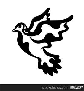 Patterned black silhouette of a flying dove on a white background. The bird of the world. Religious symbol. Vector element for tattoo, greeting cards, banners and your creativity.. Patterned black silhouette of a flying dove on a white background. The bird of the world. Religious symbol. Vector element