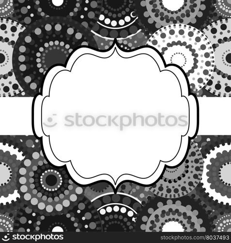 Patterned frame background invitation circular ornament grey black white. painted circles. An invitation to holidays and celebrations. Patterned frame background invitation circular ornament grey bla