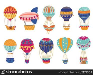 Patterned hot air balloons. Vintage flying transport, decorative bright colorful objects, retro romantic travelling methods, sightseeing tours, vector cartoon flat style isolated decor elements set. Patterned hot air balloons. Vintage flying transport, decorative bright colorful objects, retro romantic travelling methods, sightseeing tours, vector cartoon flat isolated set