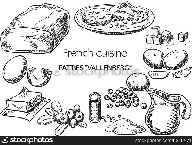 Patties - Vallenberg. Creative conceptual vector. Sketch hand drawn french food recipe illustration, engraving, ink, line art, vector.