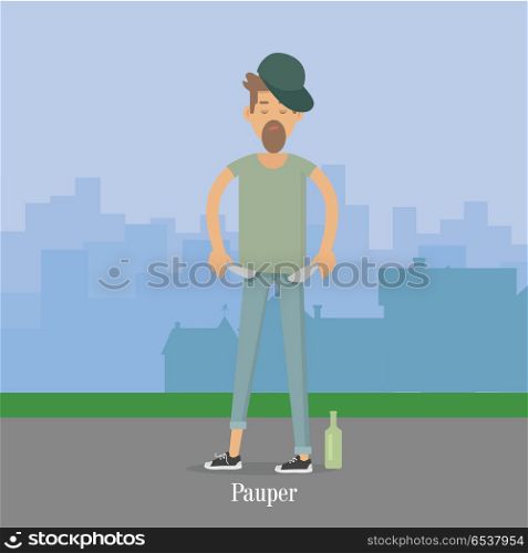 Pauper Men with Empty Pockets in City Park.. Pauper men with empty pockets in city park. Bottle of vodka whisky near by. Alky, wino male. Unfortunate, poverty pleb. Alcoholic, dipsomaniac, drunkard. Vector illustration in flat style