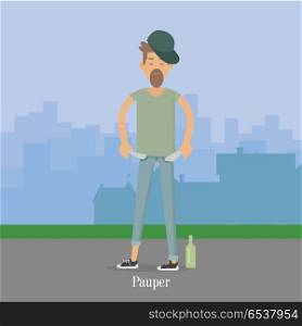 Pauper Men with Empty Pockets in City Park.. Pauper men with empty pockets in city park. Bottle of vodka whisky near by. Alky, wino male. Unfortunate, poverty pleb. Alcoholic, dipsomaniac, drunkard. Vector illustration in flat style