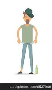 Pauper Men with Empty Pockets Isolated on White. Pauper men with empty pockets isolated on white. Bottle of vodka whisky near by. Alky, wino male. Unfortunate, poverty pleb. Alcoholic, dipsomaniac, drunkard. Vector illustration in flat style