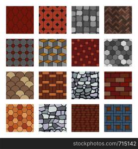 Paving stone pattern. Brick paver walkway, rock stones slab and street pavement floor block. Architectural elements, garden stones floor road. Seamless isolated vector patterns set. Paving stone pattern. Brick paver walkway, rock stones slab and street pavement floor block seamless vector patterns set