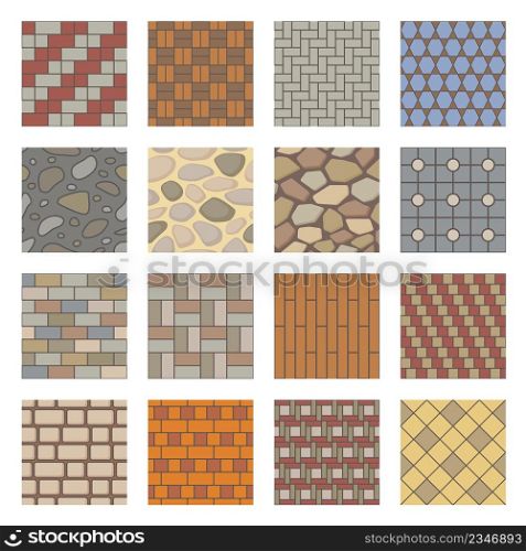 Paving stones seamless pattern, city street pavements tiles. Park path landscaping elements, pavements stone, tile, brick texture vector set. Architectural elements for garden, roadway or wall. Paving stones seamless pattern, city street pavements tiles. Park path landscaping elements, pavements stone, tile, brick texture vector set