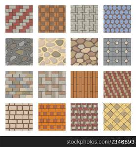 Paving stones seamless pattern, city street pavements tiles. Park path landscaping elements, pavements stone, tile, brick texture vector set. Architectural elements for garden, roadway or wall. Paving stones seamless pattern, city street pavements tiles. Park path landscaping elements, pavements stone, tile, brick texture vector set