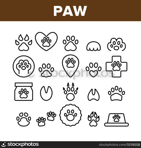 Paw Animal Collection Elements Icons Set Vector Thin Line. Cat And Dog, Horse And Pig, Elephant And Bear Paw In Heart Form And Laptop Screen Concept Linear Pictograms. Monochrome Contour Illustrations. Paw Animal Collection Elements Icons Set Vector