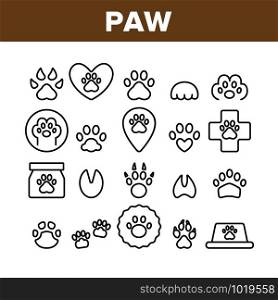 Paw Animal Collection Elements Icons Set Vector Thin Line. Cat And Dog, Horse And Pig, Elephant And Bear Paw In Heart Form And Laptop Screen Concept Linear Pictograms. Monochrome Contour Illustrations. Paw Animal Collection Elements Icons Set Vector