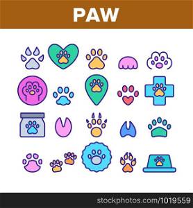 Paw Animal Collection Elements Icons Set Vector Thin Line. Cat And Dog, Horse And Pig, Elephant And Bear Paw In Heart Form And Laptop Screen Concept Linear Pictograms. Color Contour Illustrations. Paw Animal Color Elements Icons Set Vector