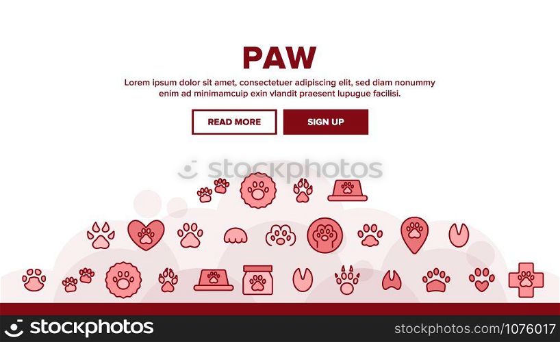 Paw Animal Landing Web Page Header Banner Template Vector. Cat And Dog, Horse And Pig, Elephant And Bear Paw In Heart Form And Laptop Screen Illustration. Paw Animal Landing Header Vector