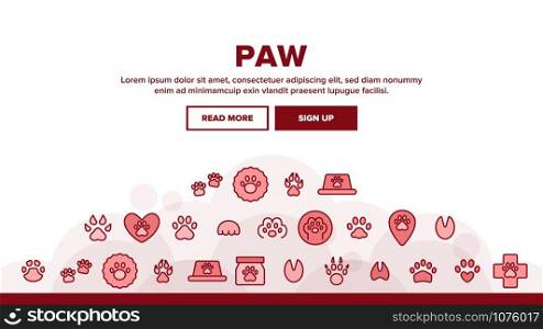 Paw Animal Landing Web Page Header Banner Template Vector. Cat And Dog, Horse And Pig, Elephant And Bear Paw In Heart Form And Laptop Screen Illustration. Paw Animal Landing Header Vector