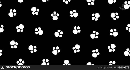 Paw dog seamless pattern. Pet, cat and puppy paws on black background. Footprint of panda. Cartoon animal texture for print. Cute wallpaper. Vector.
