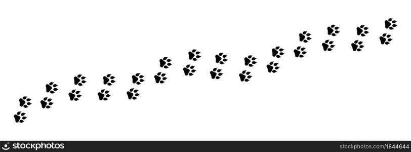 Paw foot print vector illustration. Paw trail isolated on white background. Silhouette of animal paths. Dog or cat paws print walk.. Paw foot print vector illustration. Paw trail isolated on white background. Silhouette of animal paths.