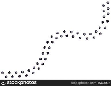 Paw foot trail. Cat, dog or puppy paw footprints, animals footpath trail silhouette, mammals walking paw track vector illustration. Trail silhouette, track print graphic, footpath imprint. Paw foot trail. Cat, dog or puppy paw footprints, animals footpath trail silhouette, mammals walking paw track vector illustration