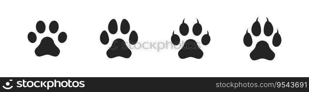 Paw print icon. Dog and cat paws vector set.