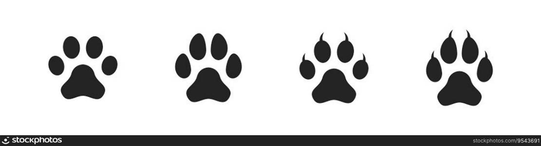 Paw print icon. Dog and cat paws vector set.