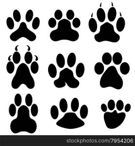 Paw Prints Silhouettes Isolated on White Background. Paw Prints