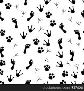 Paw seamless pattern. Animal and human paws. Footprint of cat, dog and bird for print. Cartoon or veterinary wallpaper with trace of wildlife. Steps of cute pets. Graphic silhouette of trail. Vector.. Paw seamless pattern. Animal and human paws. Footprint of cat, dog and bird for print. Cartoon or veterinary wallpaper with trace of wildlife. Steps of cute pets. Graphic silhouette of trail. Vector