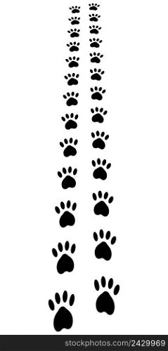 Paw Trail, paw prints animal footprints cat dog, vector disappearing into the distance trail run, vertical banner