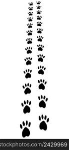 Paw Trail, paw prints animal footprints cat dog, vector disappearing into the distance trail run, vertical banner