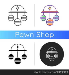 Pawn symbol icon. Three spheres suspended from bar. Monetary success symbol. Pawnbrokers symbolic meaning. Lombard banking. Linear black and RGB color styles. Isolated vector illustrations. Pawn symbol icon