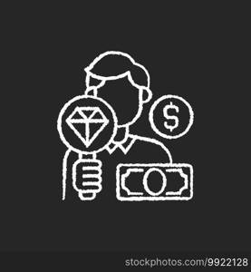 Pawnbroker chalk white icon on black background. Lending money in exchange for personal property. Pledge and pawn. Offering secured loans to people. Isolated vector chalkboard illustration. Pawnbroker chalk white icon on black background