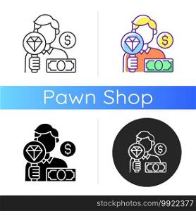 Pawnbroker icon. Lending money in exchange for personal property. Pledge and pawn. Offering secured loans to people. Linear black and RGB color styles. Isolated vector illustrations. Pawnbroker icon