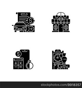 Pawnbroker shop black glyph icons set on white space. Vehicle title loan. Pawnshop. Price calculation. Antiques. Vehicle value. Loaning money business. Silhouette symbols. Vector isolated illustration. Pawnbroker shop black glyph icons set on white space