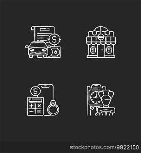 Pawnbroker shop chalk white icons set on black background. Vehicle title loan. Pawnshop. Price calculation. Antiques. Vehicle value. Loaning money business. Isolated vector chalkboard illustrations. Pawnbroker shop chalk white icons set on black background