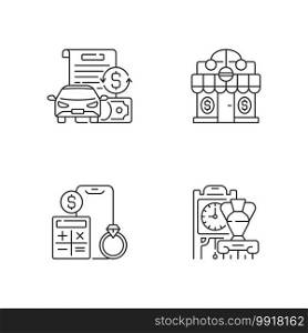Pawnbroker shop linear icons set. Vehicle title loan. Pawnshop. Price calculation. Antiques. Customizable thin line contour symbols. Isolated vector outline illustrations. Editable stroke. Pawnbroker shop linear icons set