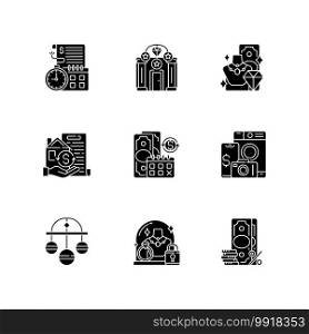 Pawnbrokery black glyph icons set on white space. Time limit. Upscale pawnshops. Product valuable. Collateral. Regular payments. Pledge safety. Silhouette symbols. Vector isolated illustration. Pawnbrokery black glyph icons set on white space