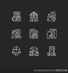 Pawnbrokery chalk white icons set on black background. Time limit. Upscale pawnshops. Product valuable. Collateral. Regular payments. Pledge safety. Isolated vector chalkboard illustrations. Pawnbrokery chalk white icons set on black background