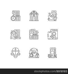 Pawnbrokery linear icons set. Time limit. Upscale pawnshops. Product valuable. Collateral. Pledge safety. Customizable thin line contour symbols. Isolated vector outline illustrations. Editable stroke. Pawnbrokery linear icons set