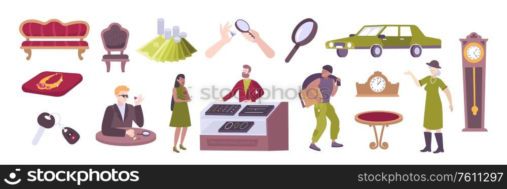 Pawnshop antique items for sale customers seller thief pawnbroker pricing jewelry flat icons set isolated vector illustration