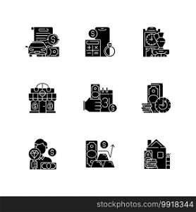 Pawnshop black glyph icons set on white space. Vehicle title loan. Price calculation. Antique furniture. Loaning money business. Short-term borrowing. Silhouette symbols. Vector isolated illustration. Pawnshop black glyph icons set on white space