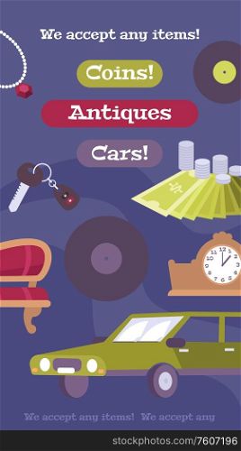 Pawnshop buying antique furniture jewelry vinyl records offers auto pawn loan flat vertical advertising banner vector illustration