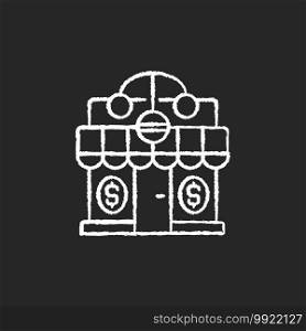 Pawnshop chalk white icon on black background. Loaning money business. Collateral-based loans. Reselling retail items. Leaving personal property items. Isolated vector chalkboard illustration. Pawnshop chalk white icon on black background