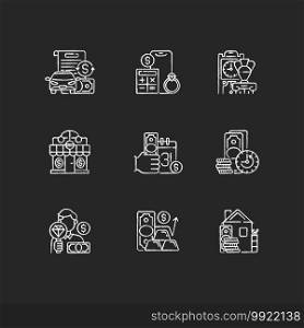 Pawnshop chalk white icons set on black background. Vehicle title loan. Price calculation. Antique furniture. Loaning money business. Short-term borrowing. Isolated vector chalkboard illustrations. Pawnshop chalk white icons set on black background