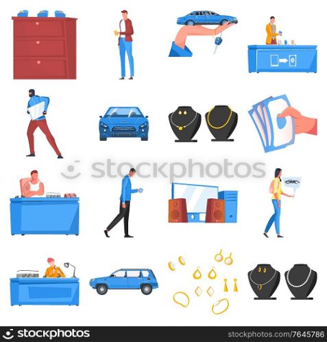 Pawnshop colored flat icons set with human characters jewelry car burglar cash counter isolated on white background vector illustration