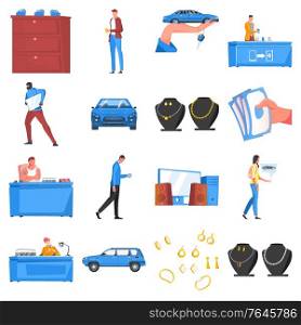 Pawnshop colored flat icons set with human characters jewelry car burglar cash counter isolated on white background vector illustration