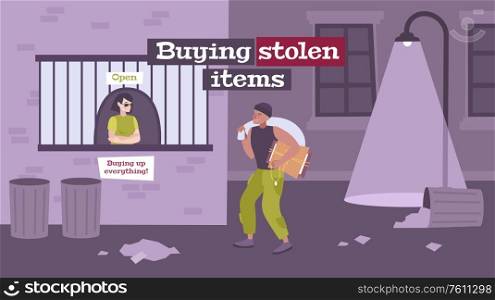 Pawnshop criminal practice flat composition banner with thief bringing stolen items to pawnbroker for sale vector illustration