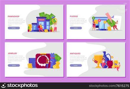 Pawnshop flat 4x1 set of four horizontal banners with items of value text and clickable buttons vector illustration